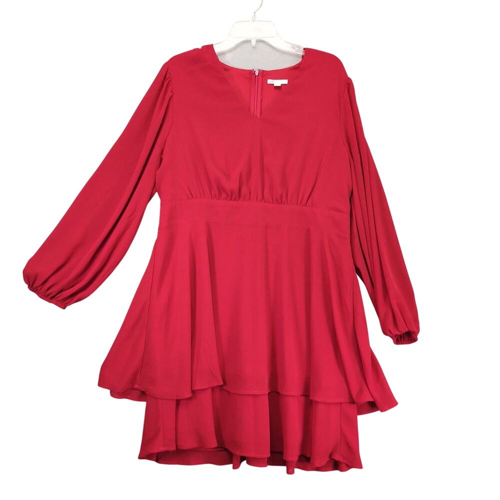 Cato Red Layered Midi Dress Size 16W Long Sheer Puff Sleeves V-Neck Ruffle Hem